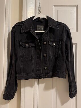 Denim Co. Cropped Faded Black Jean Jacket Button Front Size 8